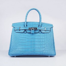 Hermes Birkin 30Cm Crocodile Stripe Handbags Blue Silver